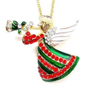 Red & Green ANGEL with Trumpet Christmas Pendant Necklace